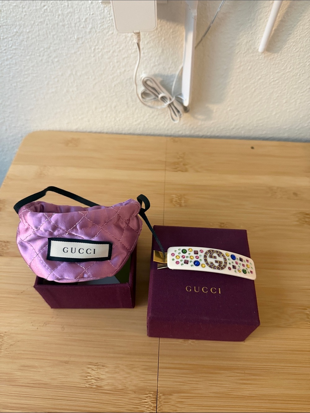 Gucci Lavender Quilted Mini Bag with White Crystal-Studded Hair Clip